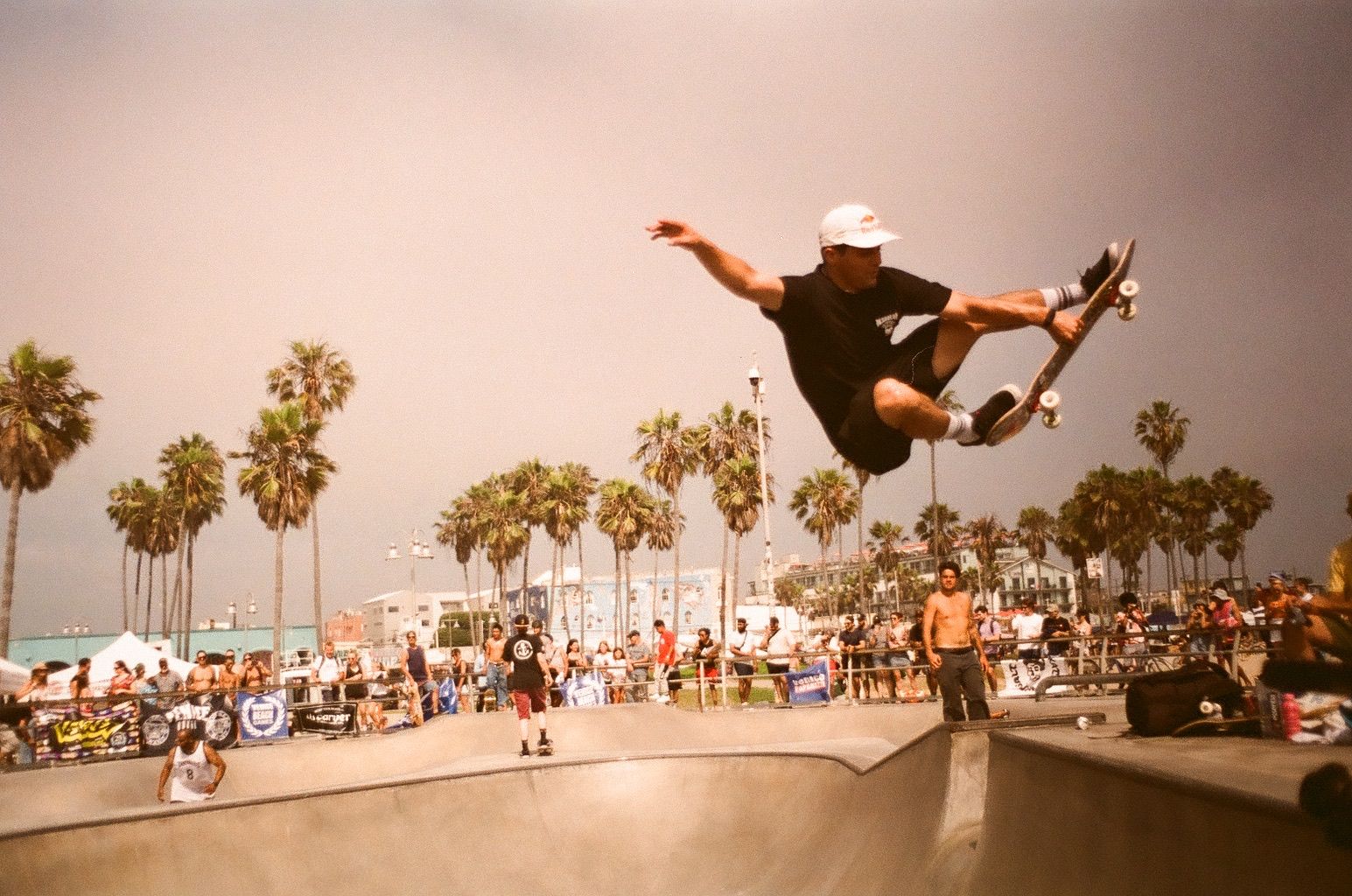 A skateboarder catching air above the bowl at the Venice Beach skate park, palm trees and the Pacific Avenue skyline behind. Photo by @venetianvisuals.