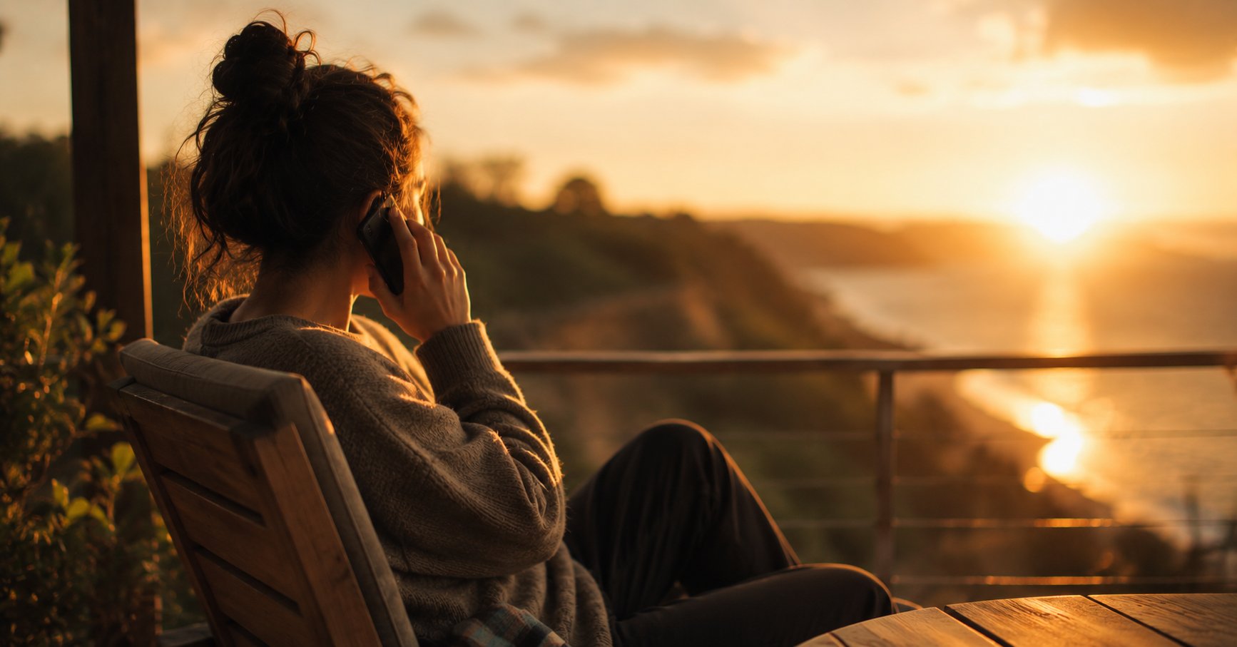 Person on a balcony at sunset, holding a phone to their ear, looking out over a coastline