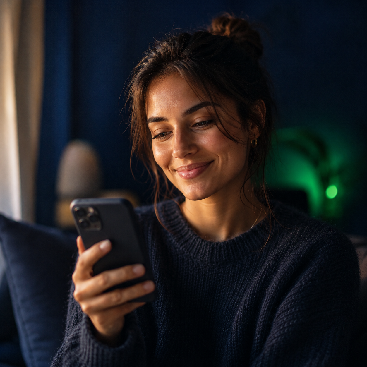 A person smiling while messaging on their smartphone in warm evening light