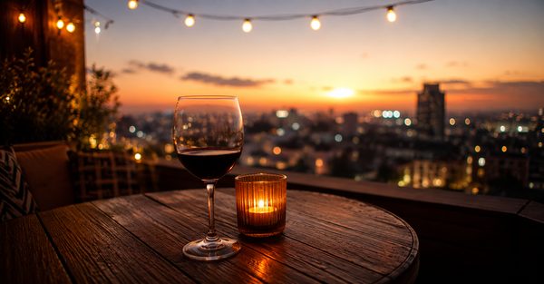 A glass of wine and a candle on a rooftop bar table at sunset, with string lights and city views, shared in a text+ conversation