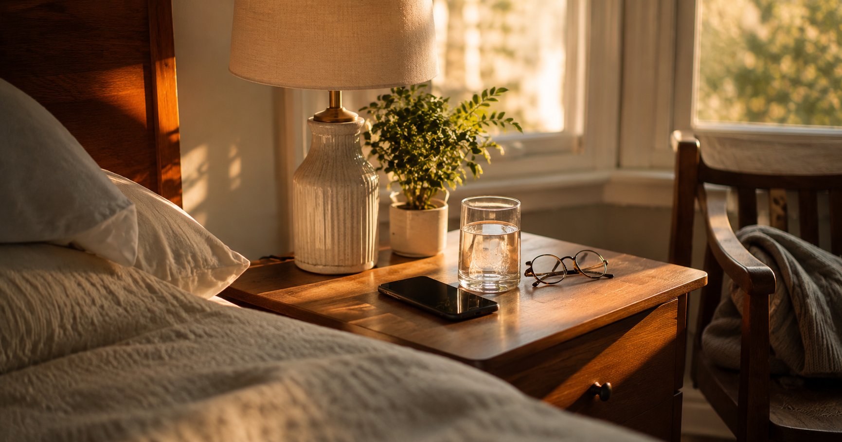 Un teléfono descansando en una mesita de noche de madera al amanecer, con un vaso de agua y gafas de lectura